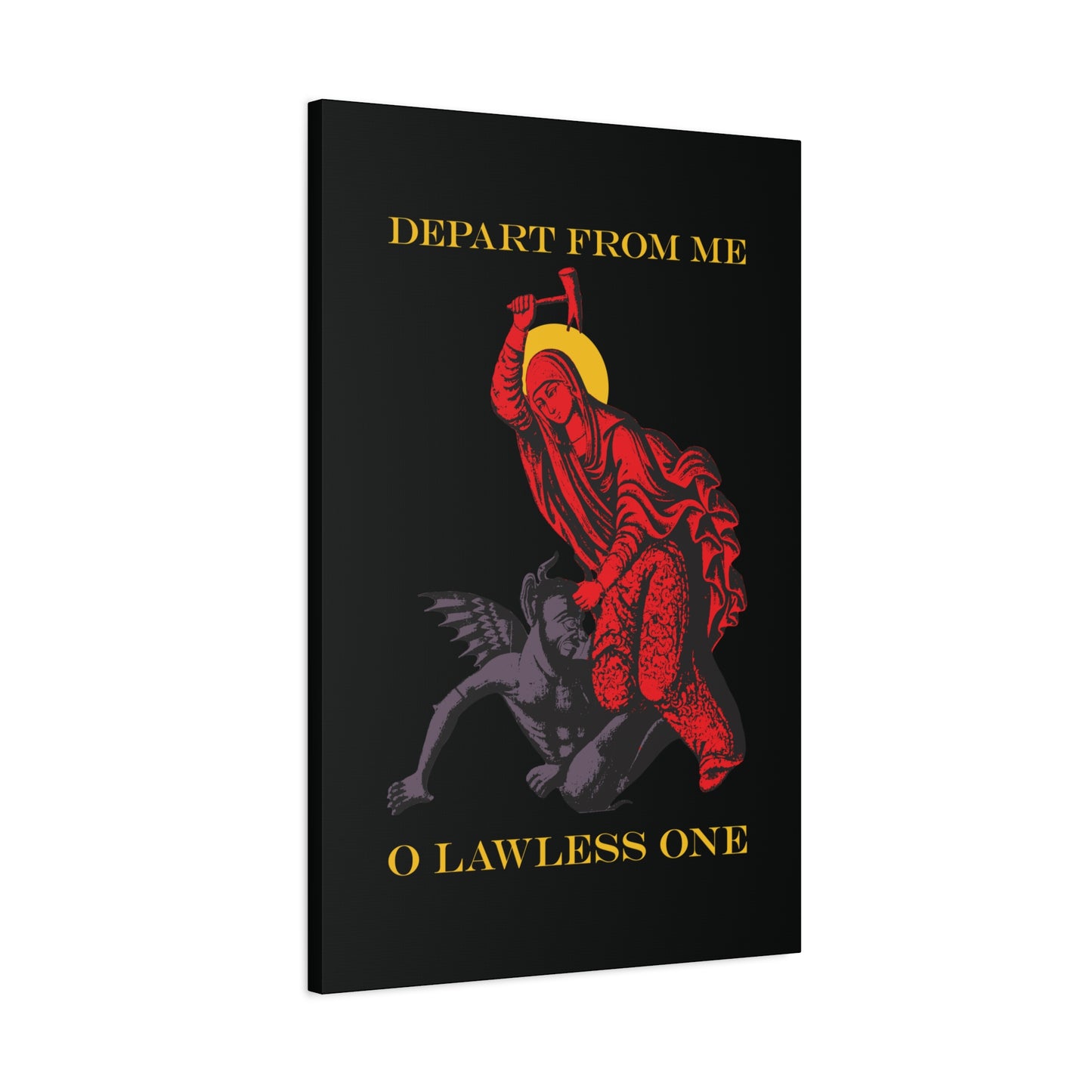 St Marina IconoGraphic (Depart from Me O Lawless One) | Saint Beating the Devil with a Hammer | Orthodox Christian Canvas Art