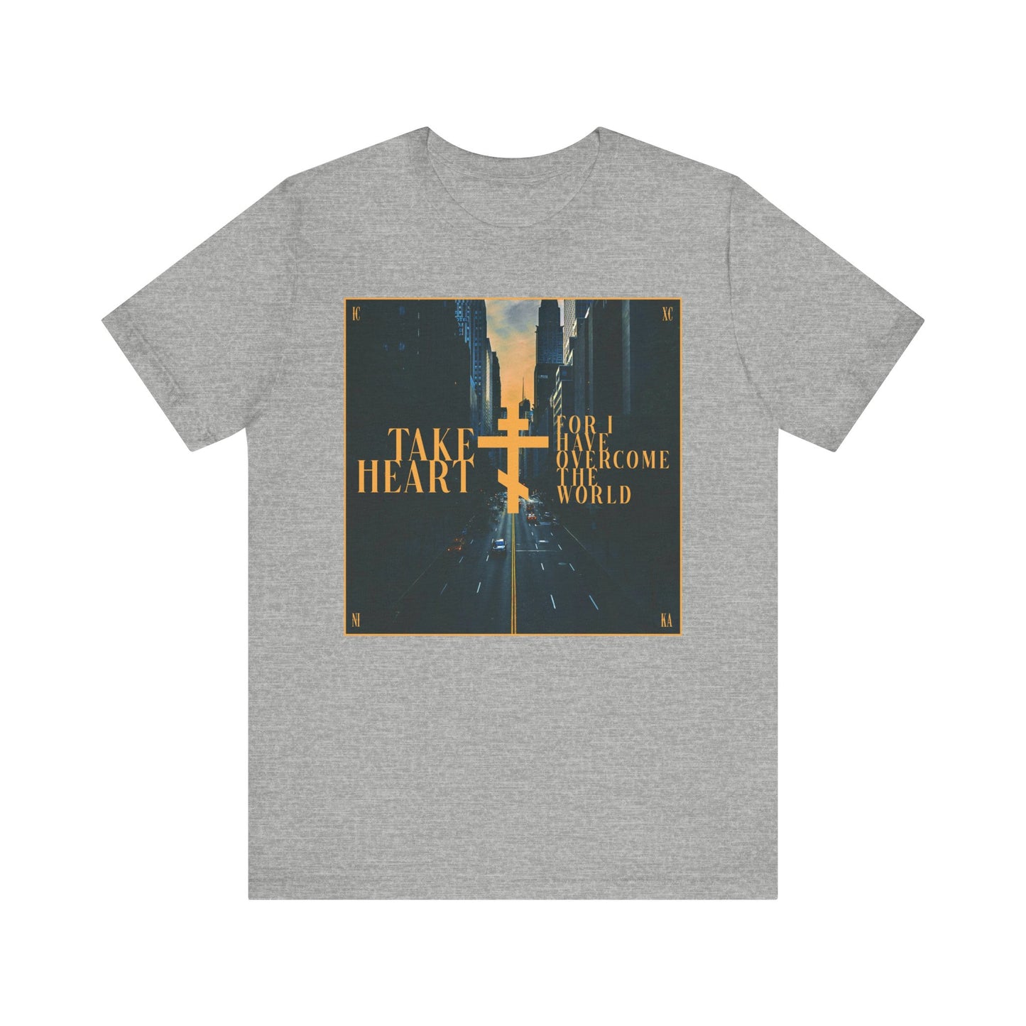 Take Heart, For I Have Overcome the World (John 16:33) | Redemptive Modern City Street Scene Design | Lightweight Cotton Unisex Tee