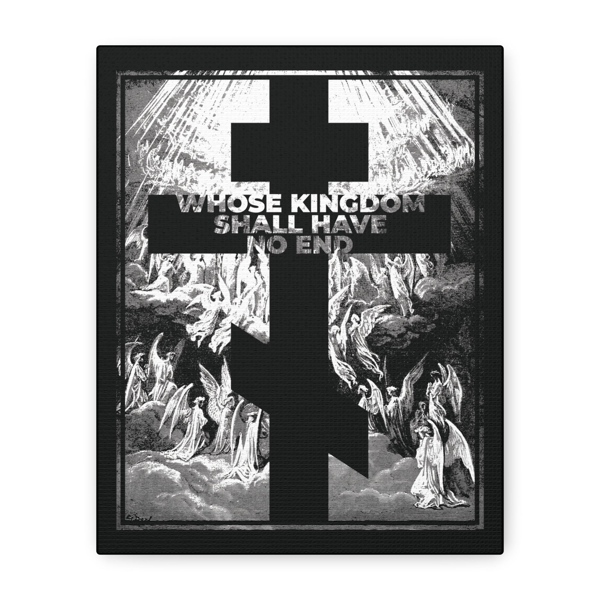 The "Whose Kingdom Shall Have No End" Orthodox wall art features a black cross over angels with bold white Nicene Creed text, inspired by Gustave Dore etching—an evocative symbol of faith and revelation.