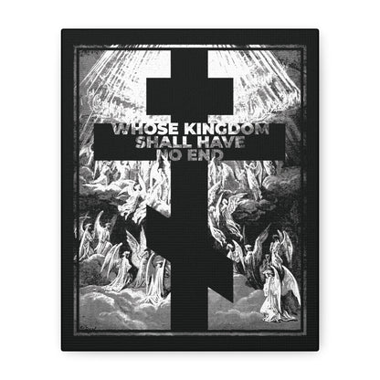 The "Whose Kingdom Shall Have No End" Orthodox wall art features a black cross over angels with bold white Nicene Creed text, inspired by Gustave Dore etching—an evocative symbol of faith and revelation.