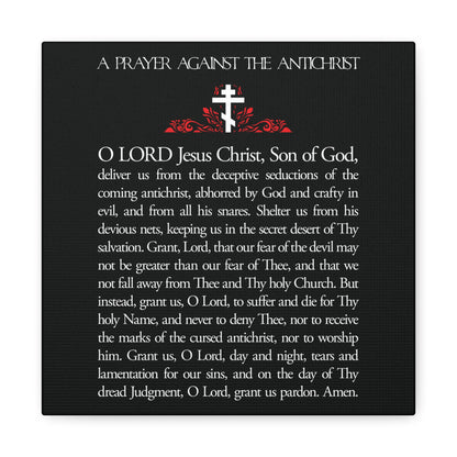 Black square wall art featuring the Prayer Against the Antichrist by Elder Anatoly the Younger of Optina, "Christ is King," with white text above a cross and red design. Orthodox Christian decor inspired by Revelation.