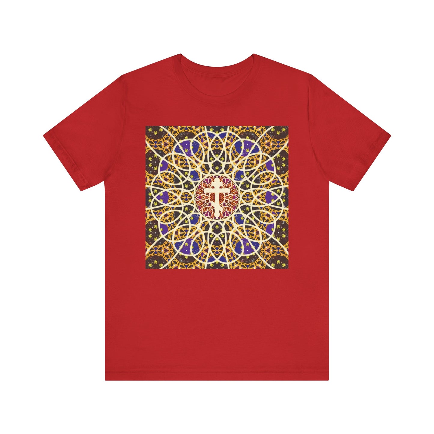 Medieval Cosmology Rose Window Orthodox Cross | Let all the earth venerate the Cross | Christian Lightweight Cotton Unisex T-Shirt