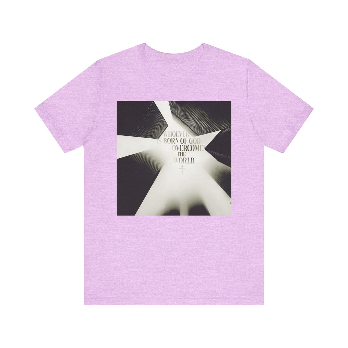 Heather Prism Lilac unisex T-shirt, titled "Whoever is Born of God Overcomes the World (St John the Theologian) | Modern Cityscape," features a modern black and white cityscape graphic with the inspiring Orthodox Christian text “Whoever is born of God overcomes the world,” drawn from 1 John 5:1-4. Made from lightweight cotton.