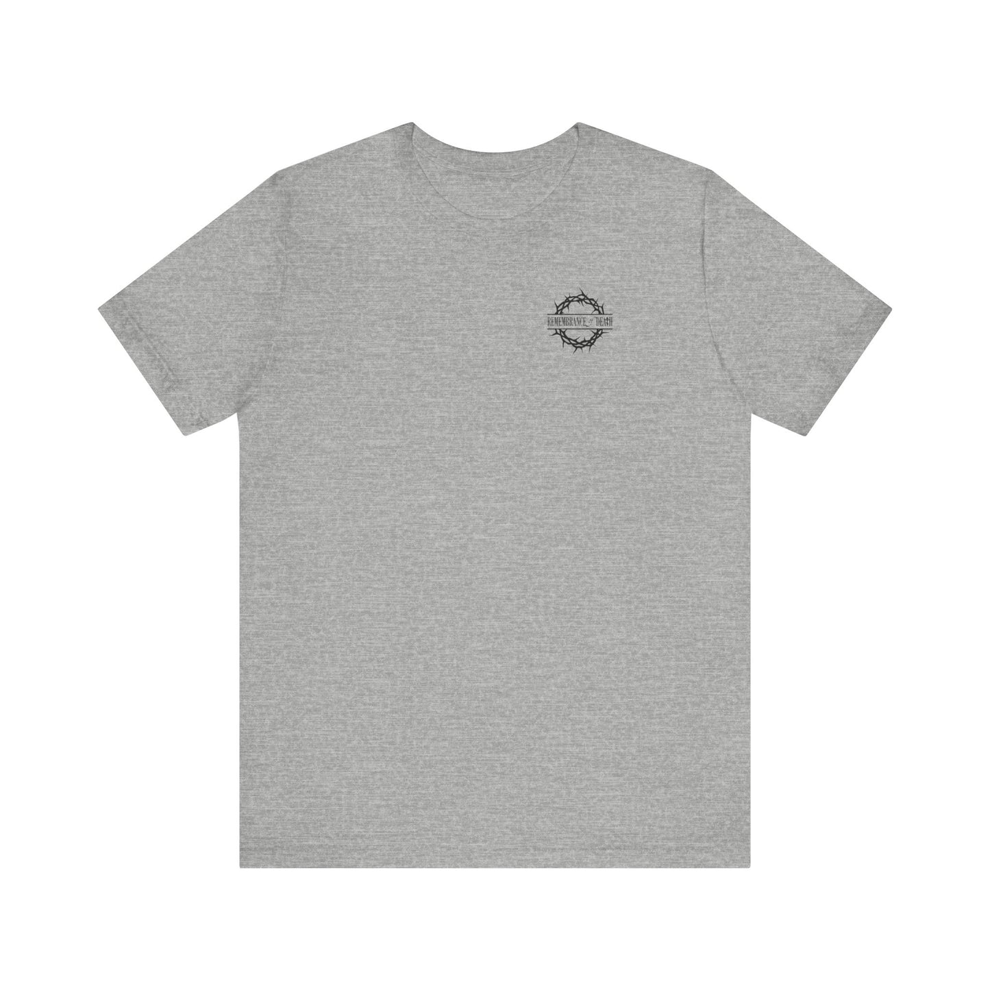 Athletic Heather short-sleeve tee with a small branded logo on the front, inspired by Christian Goth themes of the Ladder of Divine Ascent and quiet renunciation, featuring flower cross & skull graphic.