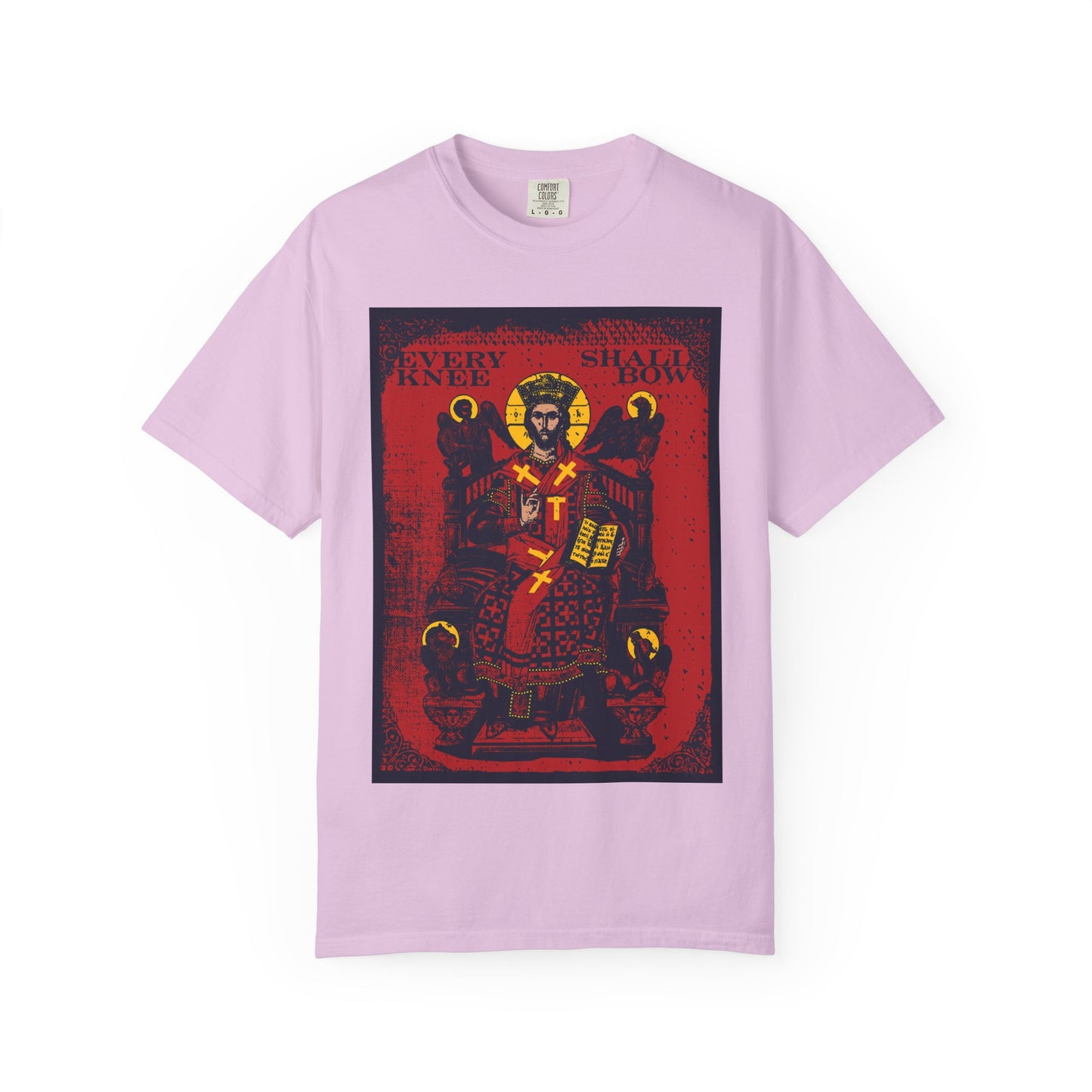 Orchid heavyweight cotton tee featuring Christ Enthroned IconoGraphic atop Ezekiel's Chariot, with the text "Every Knee Shall Bow" (Phil 2:8-11, Isaiah 45:23), declaring Jesus Christ is Lord. Unisex fit.