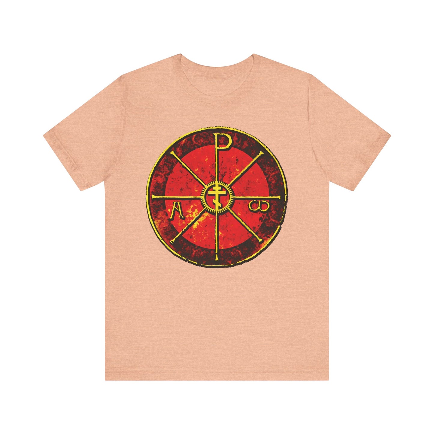 Heather Peach t-shirt with the Alpha & Omega Chi Rho Orthodox Cross—an ancient Christogram featuring Greek letters and a central cross, inspired by symbols at Milan’s Cathedral. Christian lightweight cotton design.
