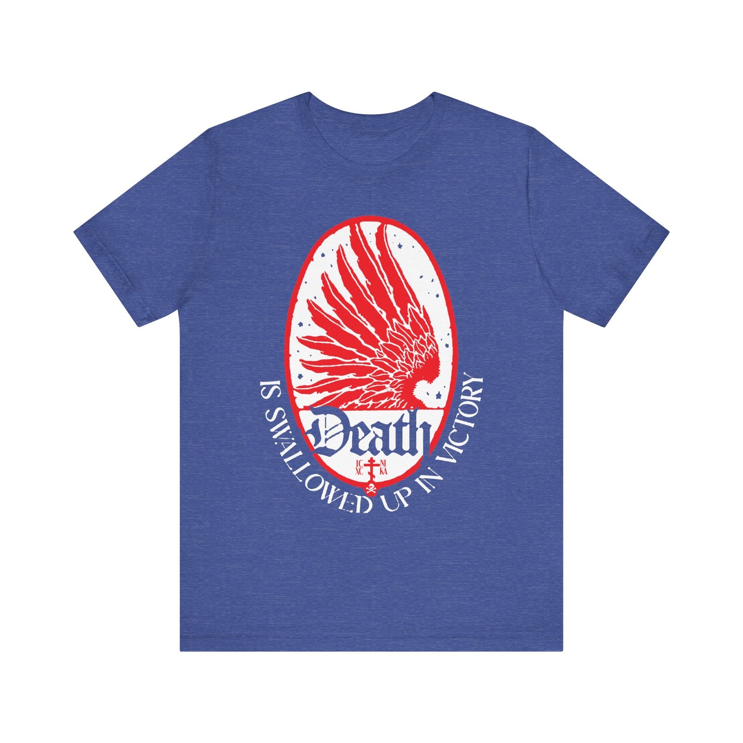 Heather True Royal unisex tee featuring an Art Nouveau eagle wing & stars graphic with “Death is swallowed up in victory” (1 Cor 15:54) on the front, symbolizing incorruption and freedom from fear. Lightweight cotton, Orthodox Christian design.