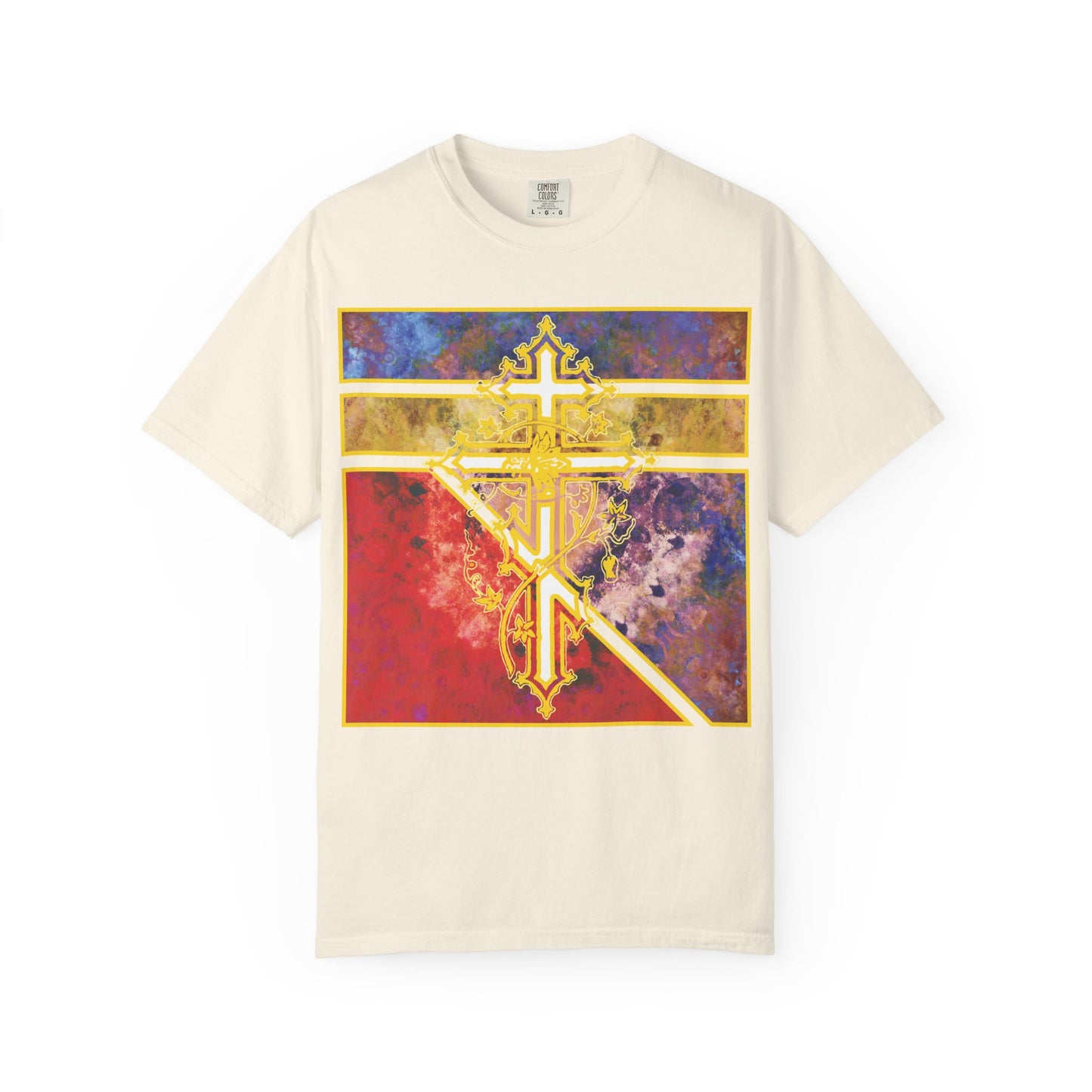 Ivory heavyweight cotton unisex T-shirt featuring an ornate Orthodox cross with a vine and textured geometric pattern at the center, inspired by the Prayer to the Venerable Cross—where demons perish before its life-giving power.