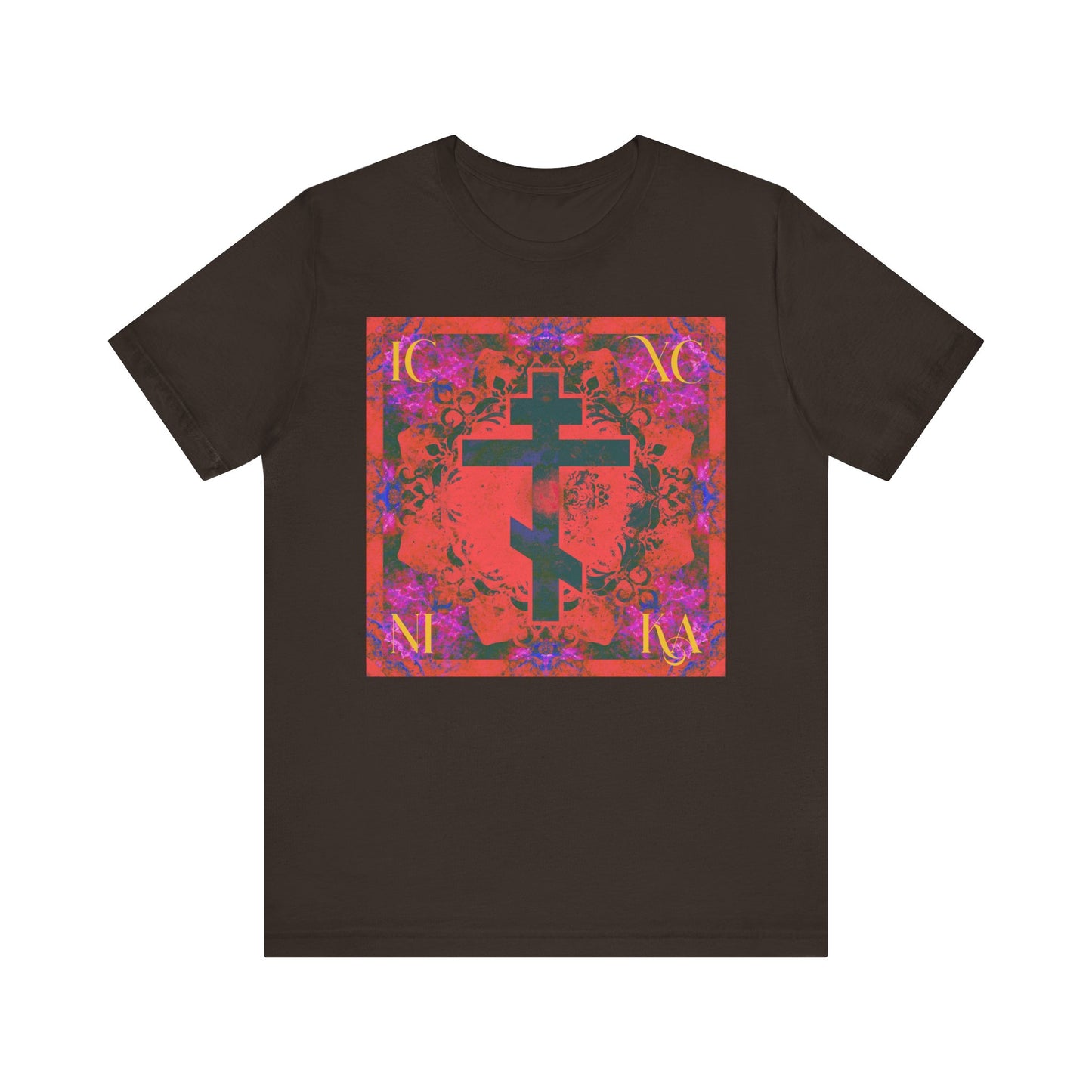 Brown T-shirt featuring a vibrant orange and magenta crossed double-bar Cross design, inspired by Orthodox Christian symbolism and the persevering faith of St. John of Kronstadt, made from lightweight cotton for a comfortable unisex fit.