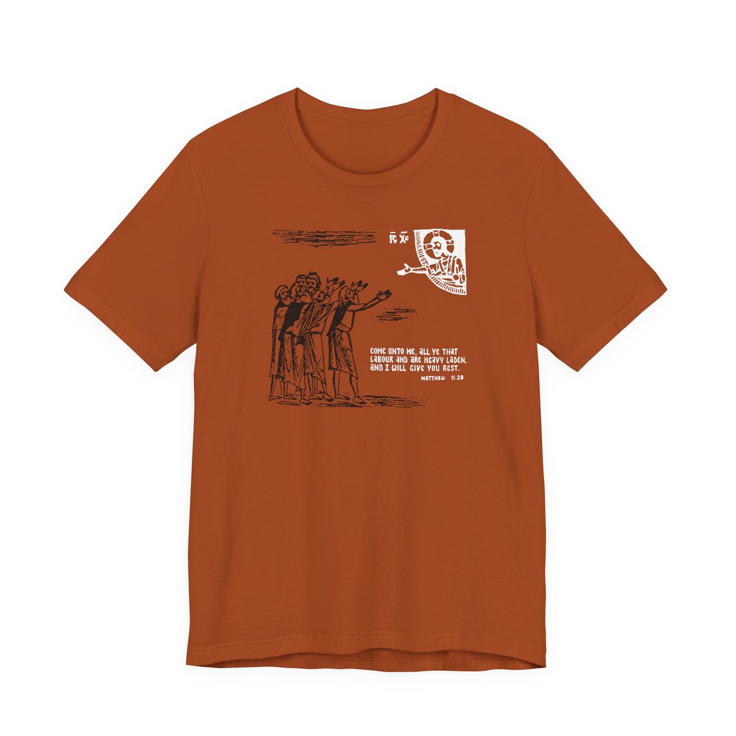 Autumn-colored cotton t-shirt featuring an Orthodox Christian iconographic drawing and Matthew 11:28, with English and Chinese text. Design: "Come Unto Me All Ye That Labour & Are Heavy Laden.