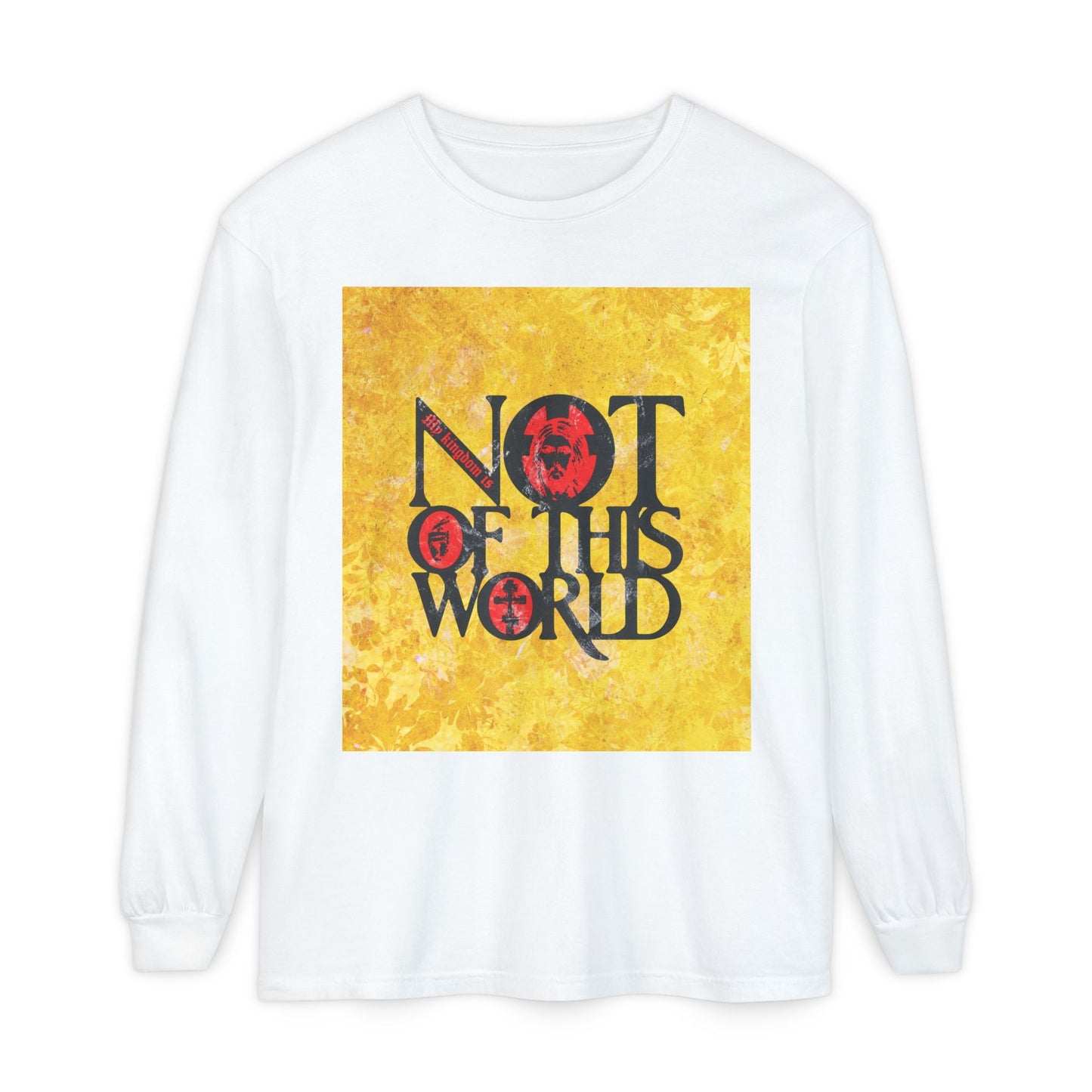 My Kingdom is Not of This World (John 18:36) | Bold Red, Yellow & Black Textured Design with Icon Motifs | Orthodox Christian Long Sleeve Shirt