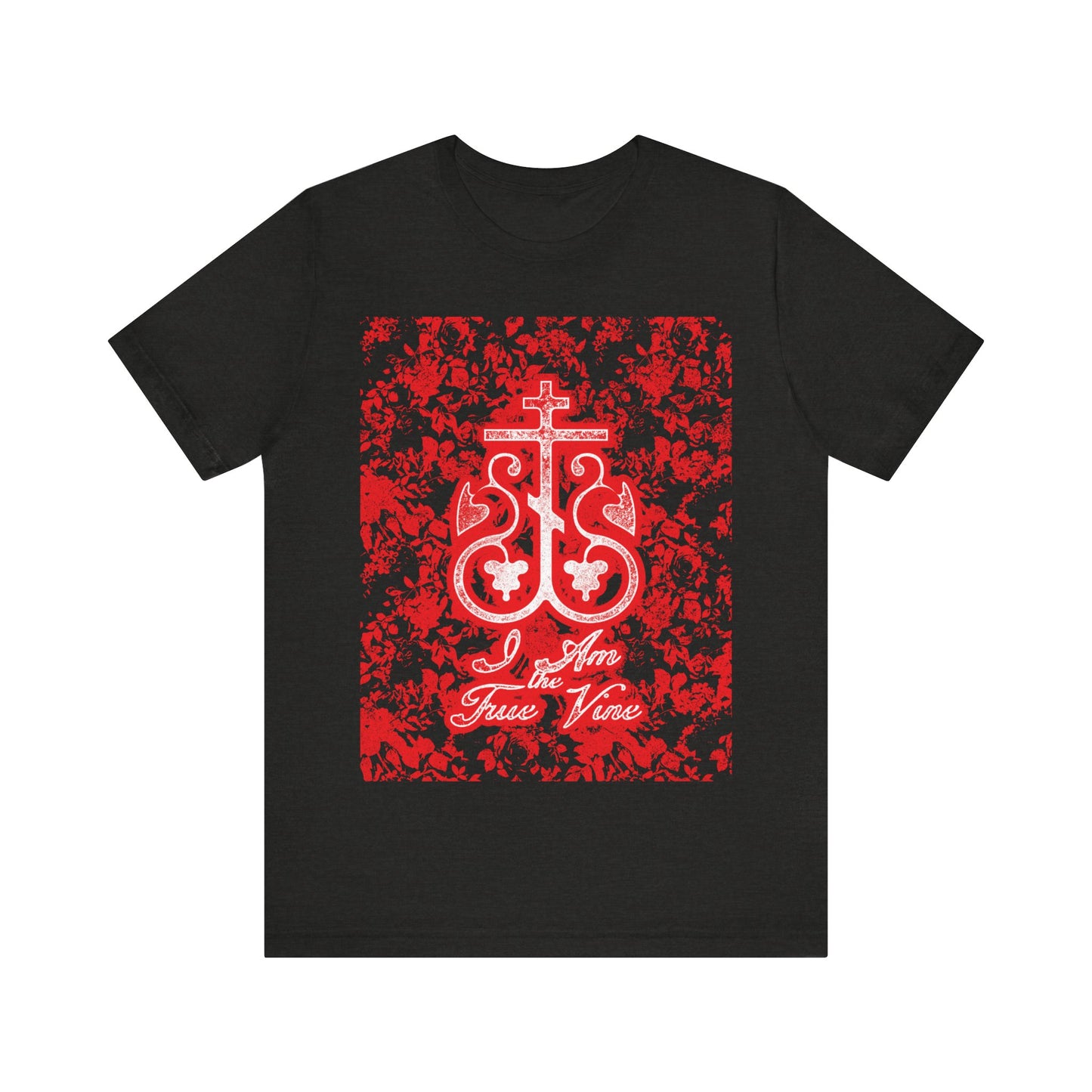 I Am the True Vine (John 15:1) | Orthodox Cross Vine Monogram | Red and Black Floral Design | Orthodox Christian T-Shirt