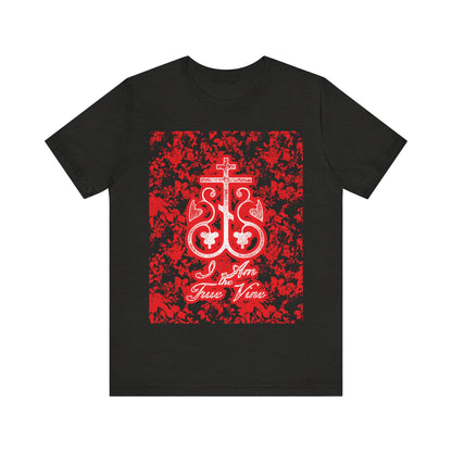 I Am the True Vine (John 15:1) | Orthodox Cross Vine Monogram | Red and Black Floral Design | Orthodox Christian T-Shirt