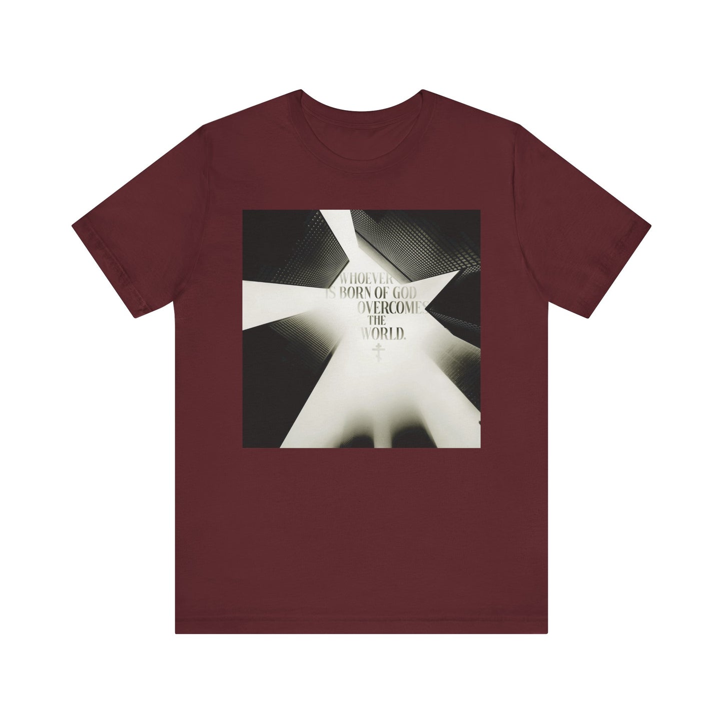 Maroon "Whoever is Born of God Overcomes the World (St John the Theologian) | Modern Cityscape" Orthodox Christian unisex lightweight cotton t-shirt, featuring an abstract black-and-white graphic and the text: “Whoever is born of God overcomes the world,” inspired by 1 John 5:1-4.