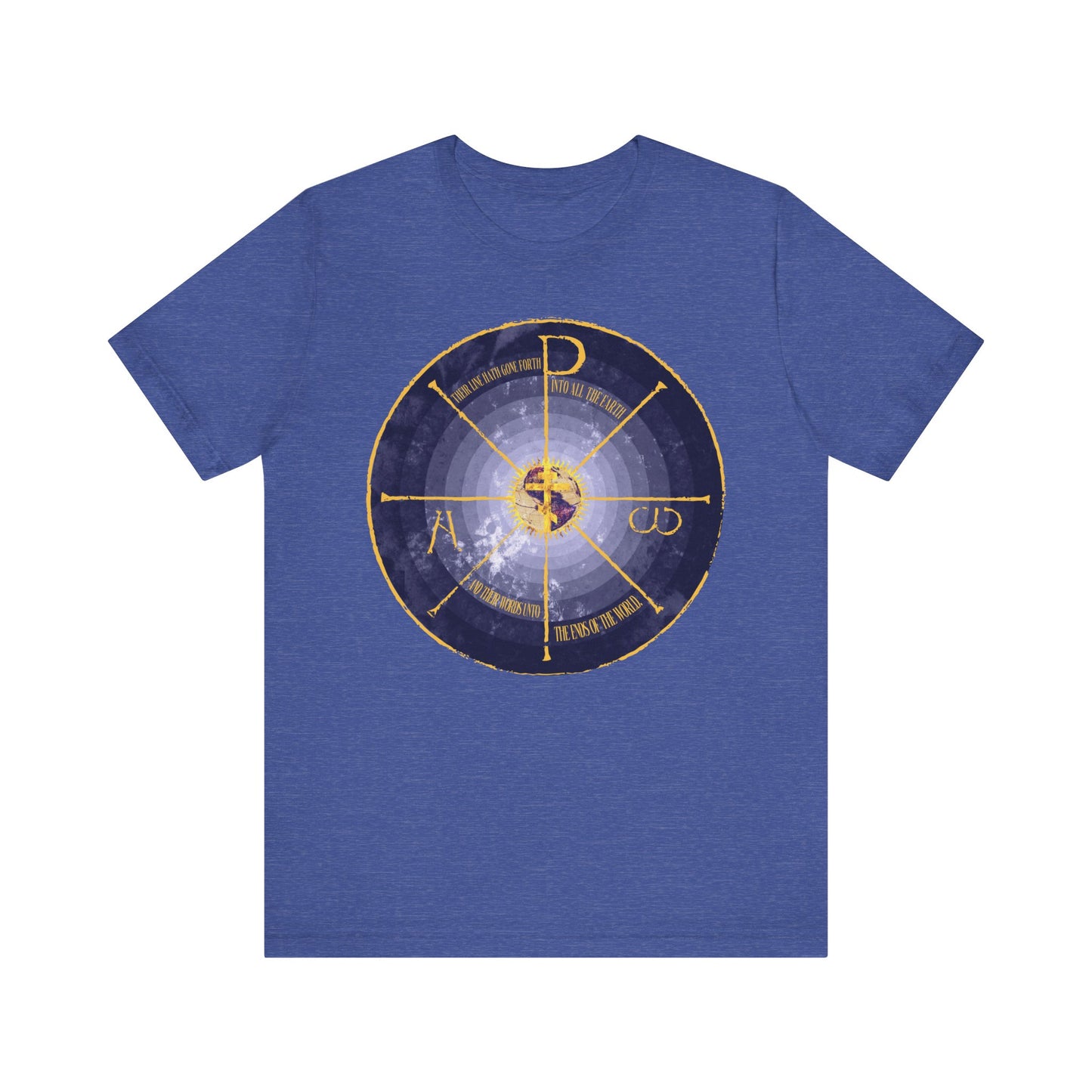 Heather True Royal lightweight cotton unisex tee with a medieval style yellow geocentric cross and Chi Rho Christogram design, featuring Alpha & Omega lettering at the center; Orthodox Christian graphic.
