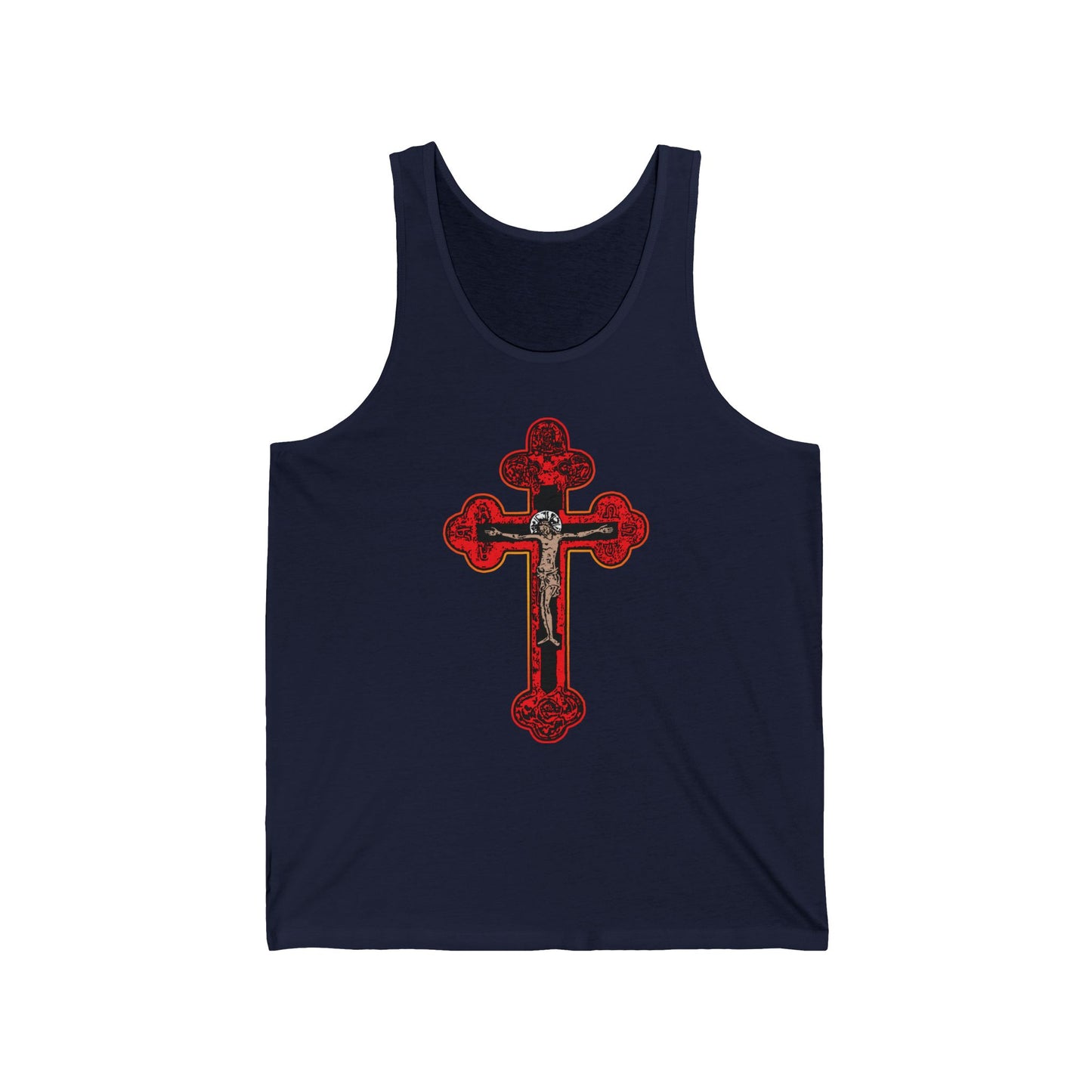 Navy Red Orthodox Christian Crucifix tank top with large Byzantine Golgotha cross design on front, featuring Alpha & Omega and "I Am Crucified With Christ" text; inspired by Isaiah 53:3-5. Cotton.