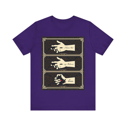 Team Purple "I Know That My Redeemer Lives" Orthodox Christian T-shirt features an earthtone Americana design with three illustrated crucified hands in ornate frames, reflecting spiritual struggle and loss.