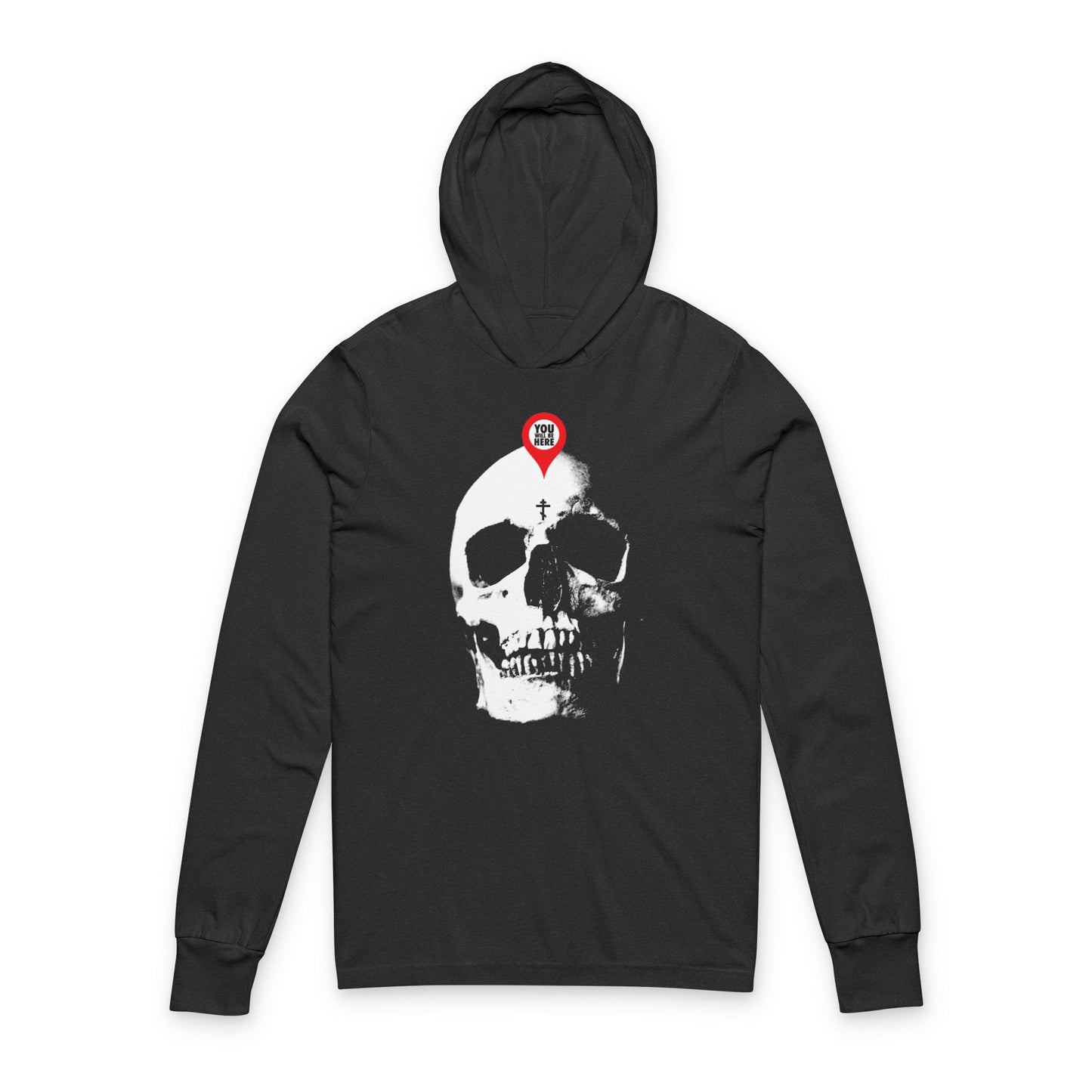 Charcoal Black TriBlend hooded shirt with a white skull design marked by a bold red map pin on the forehead, inspired by Memento Mori and Orthodox themes: "You Will Be Here | What You Are I Once Was | Remember You Will Die.