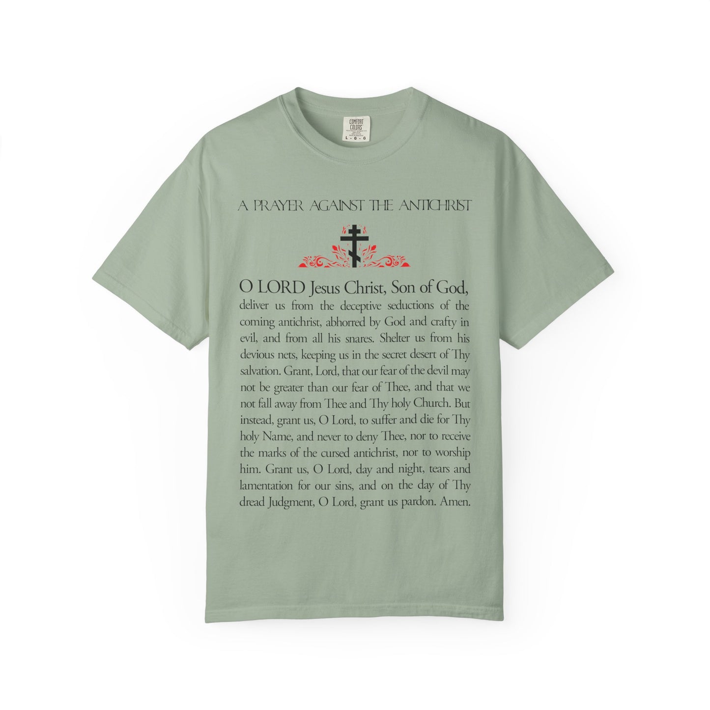 Light green heavyweight cotton unisex tee featuring "Prayer Against the Antichrist by Elder Anatoly the Younger of Optina" in bold black text; Christ is King, Book of Revelation.