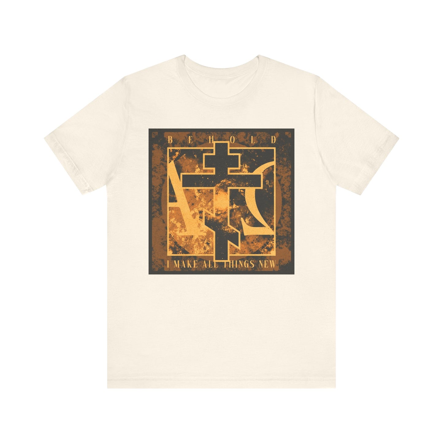 Natural lightweight cotton unisex t-shirt featuring a brown and orange Orthodox cross with Alpha & Omega background and the text "Behold, I Make All Things New" (Rev 21:5) in a distressed style.