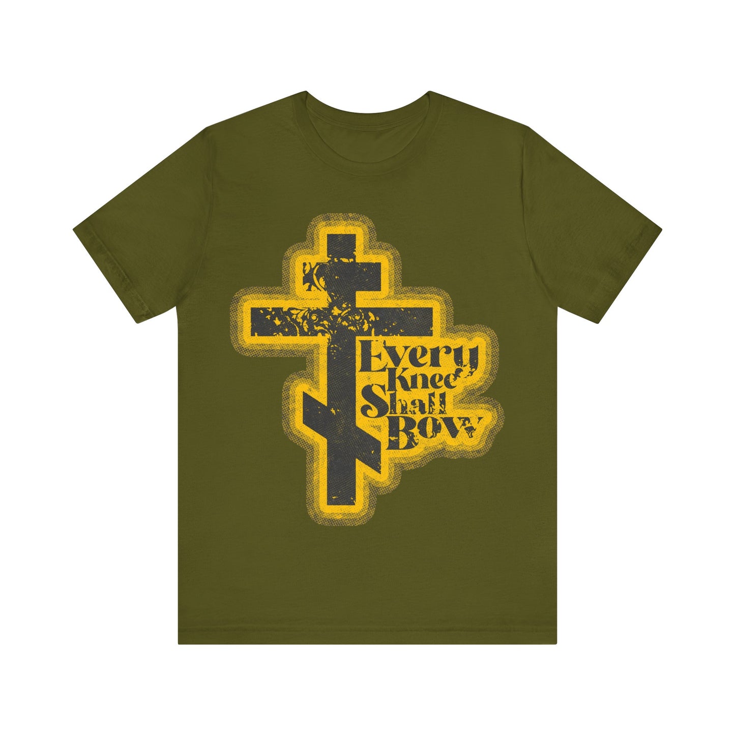 Olive "Every Knee Shall Bow" Orthodox Christian T-shirt features a 70s distressed halftone comic book cross and scripture references (Philippians 2:10-11, Isaiah 45:23) declaring the Lordship of Jesus Christ.
