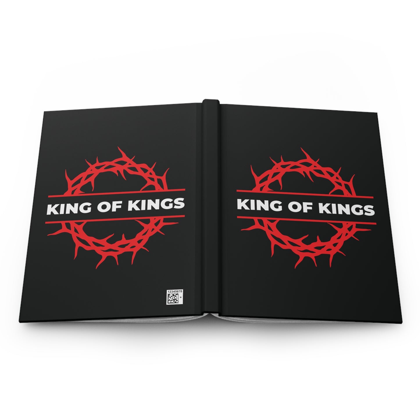 Black hardcover journal with a red crown of thorns and bold white "KING OF KINGS" text, inspired by Revelation 19:16. Product: King of Kings Crown of Thorns | Christ is King | Orthodox Christian Hardcover Journal.