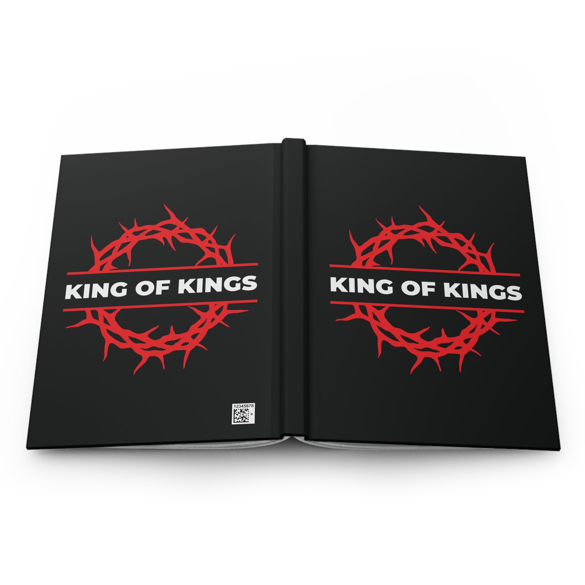 Black hardcover journal with a red crown of thorns and bold white "KING OF KINGS" text, inspired by Revelation 19:16. Product: King of Kings Crown of Thorns | Christ is King | Orthodox Christian Hardcover Journal.