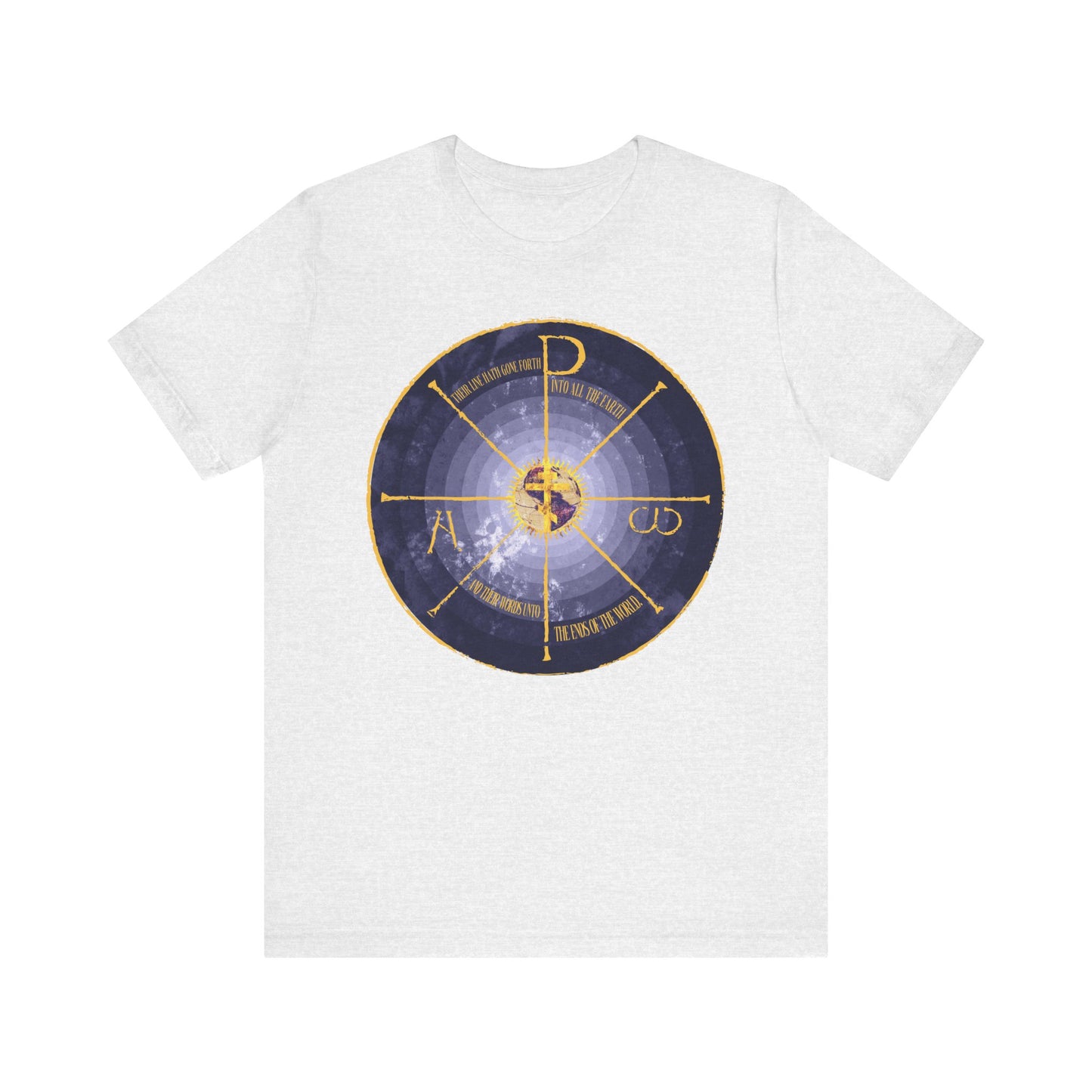 Ash T-shirt featuring a blue and yellow Geocentric Cross with Chi Rho, Alpha & Omega in a medieval Orthodox Christian graphic on the front. Lightweight cotton unisex design.