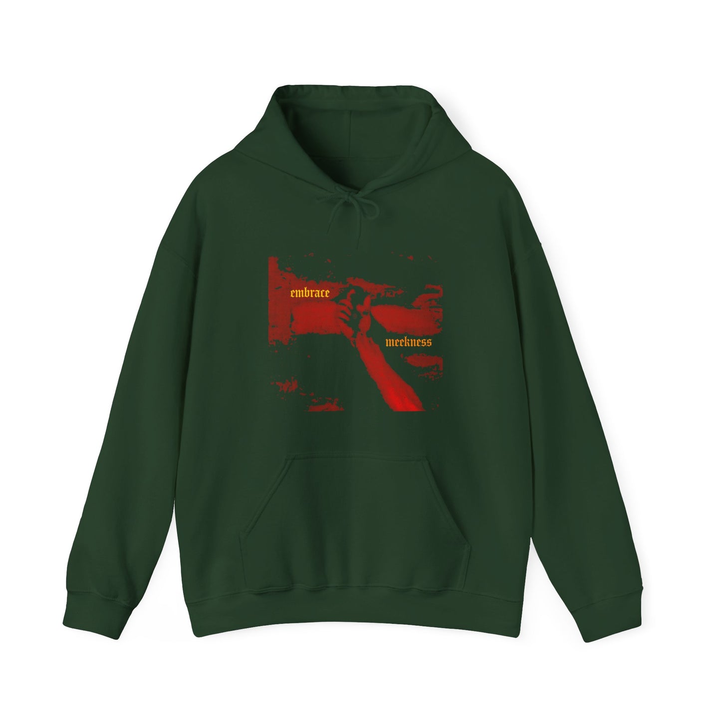 Forest green hoodie featuring a red graphic of the crucified hand of Christ and Gothic "Embrace Meekness" text, inspired by The Ladder of Divine Ascent—a powerful reminder that meekness is the foundation of wisdom.