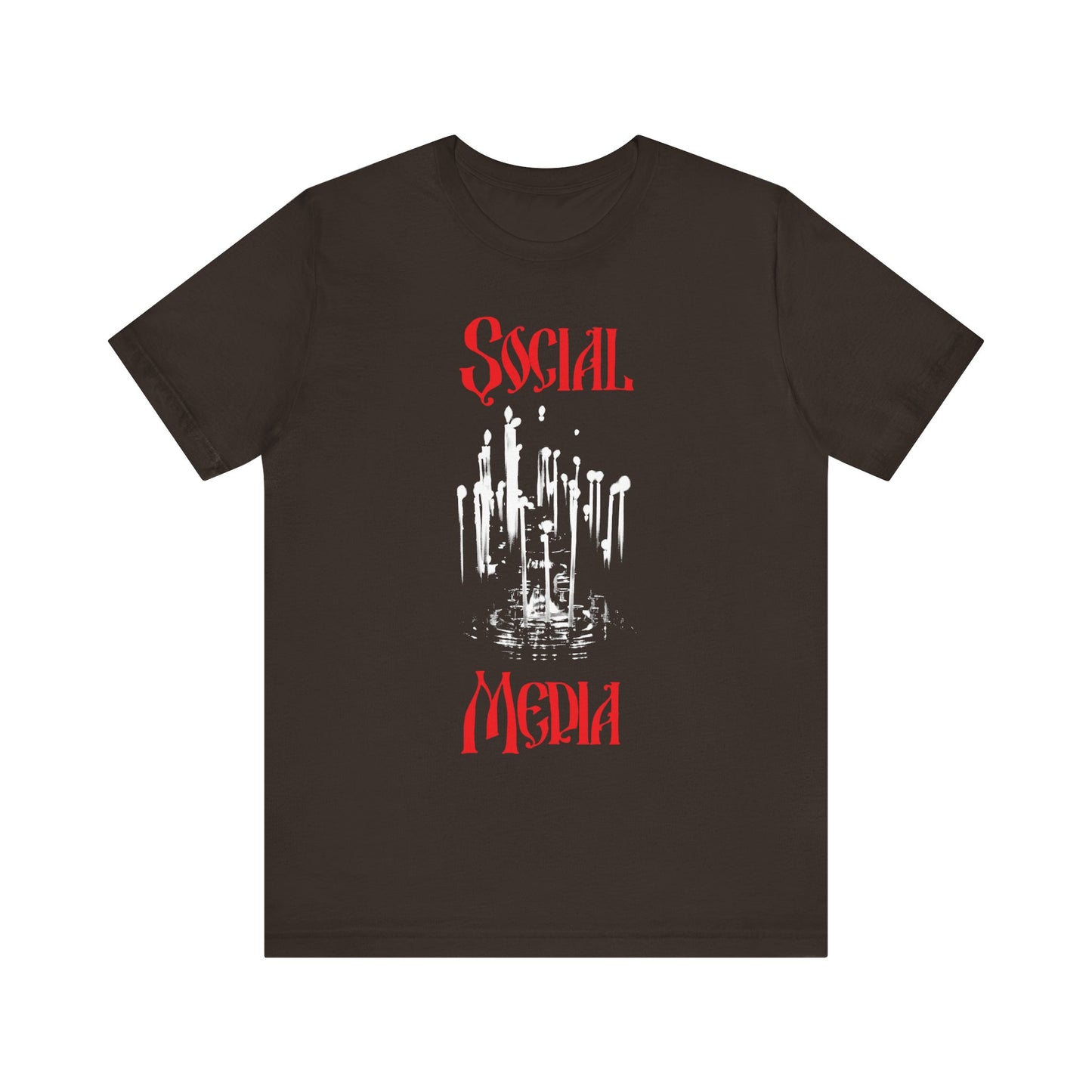 Brown T-shirt featuring "Orthodox Social Media: Memorial Candles for the Candlestand" in a central graphic with red and white accents, inspired by the enduring faith of martyrs like St Cyprian of Carthage, crafted from lightweight cotton for unisex wear.