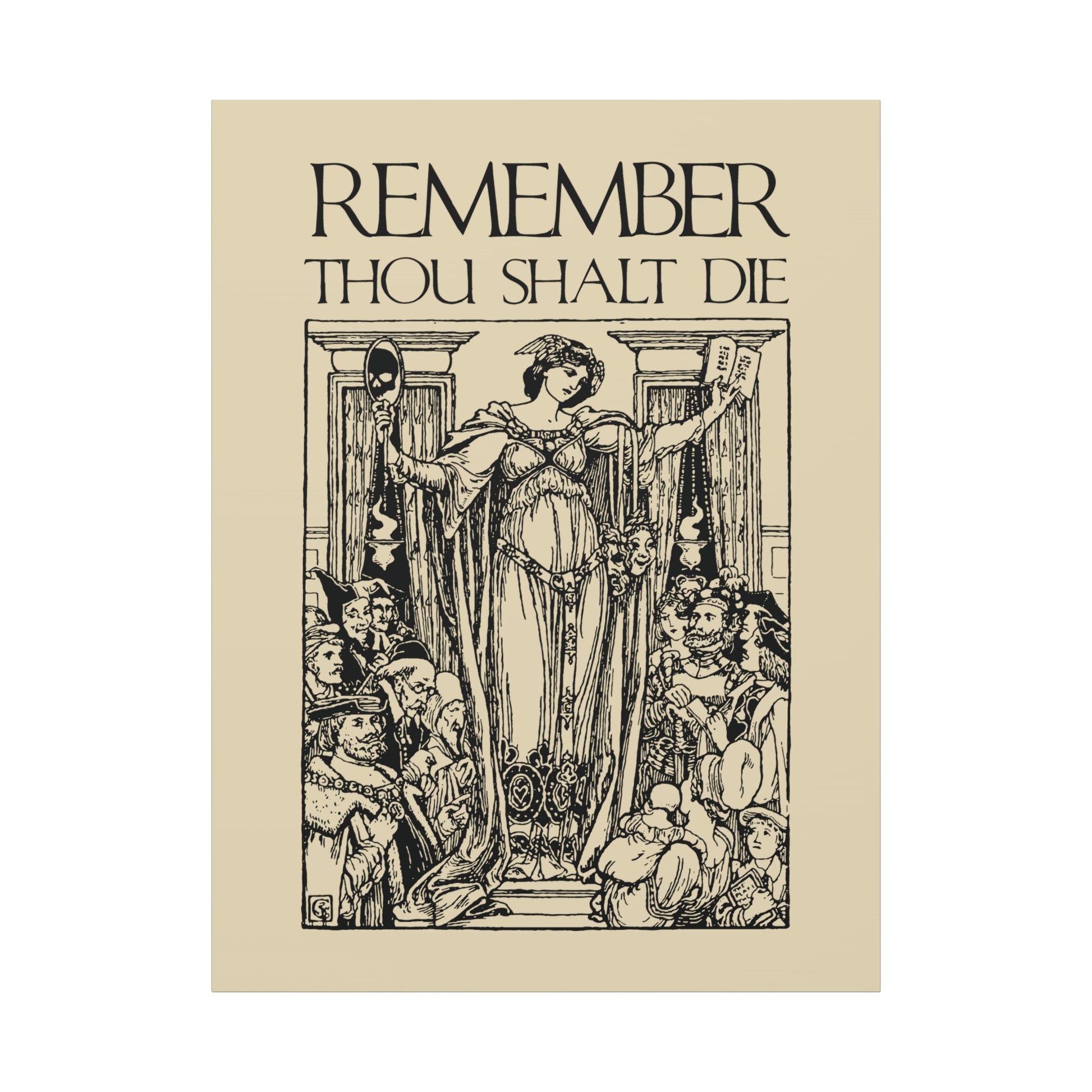 Remember You Will Die Shakespearean Design—a classic woodcut-style Christian wall art with a woman holding a skull and scroll, inspired by memento mori themes for reflection.