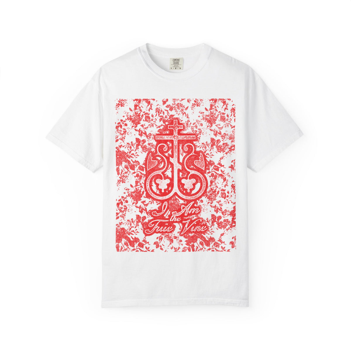 Show your faith in style with the “I Am the True Vine (John 15:1) | Orthodox Cross Vine Monogram” unisex tee in white, featuring a striking red and black floral design and an ornate script inspired by John 15:1—all crafted on heavyweight cotton to inspire you to bear fruit each day.