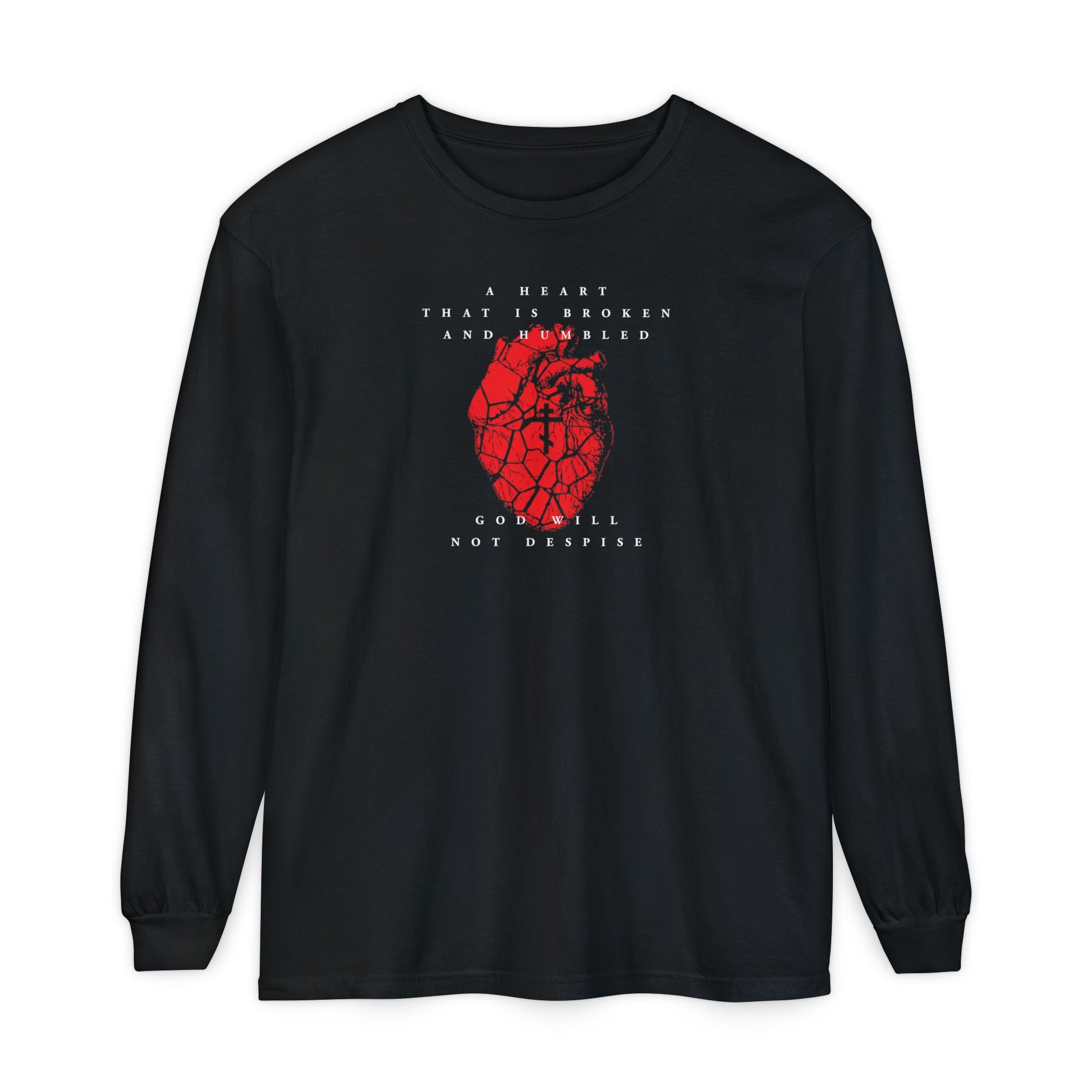 Black long-sleeve cotton shirt featuring a cracked heart with Orthodox cross, inspired by "A Heart That is Broken and Humbled God Will Not Despise"—a Christian reflection on repentance.