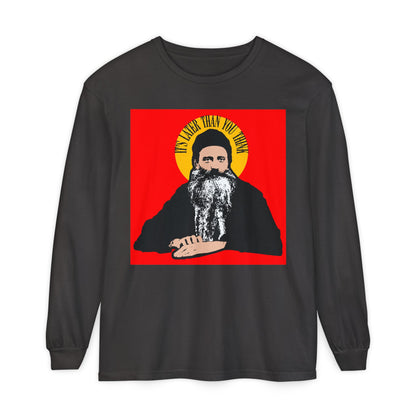 Graphite long-sleeve shirt featuring the quote “It’s Later Than You Think” in a yellow halo, inspired by Fr Seraphim Rose, a modern American Orthodox Christian saint.