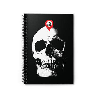 A black Orthodox spiral notebook titled "You Will Be Here Maps Marker on Skull Design," featuring a white skull with a marker and cross, reminds you: "What You Are I Once Was. Remember You Will Die." Memento Mori inspiration.