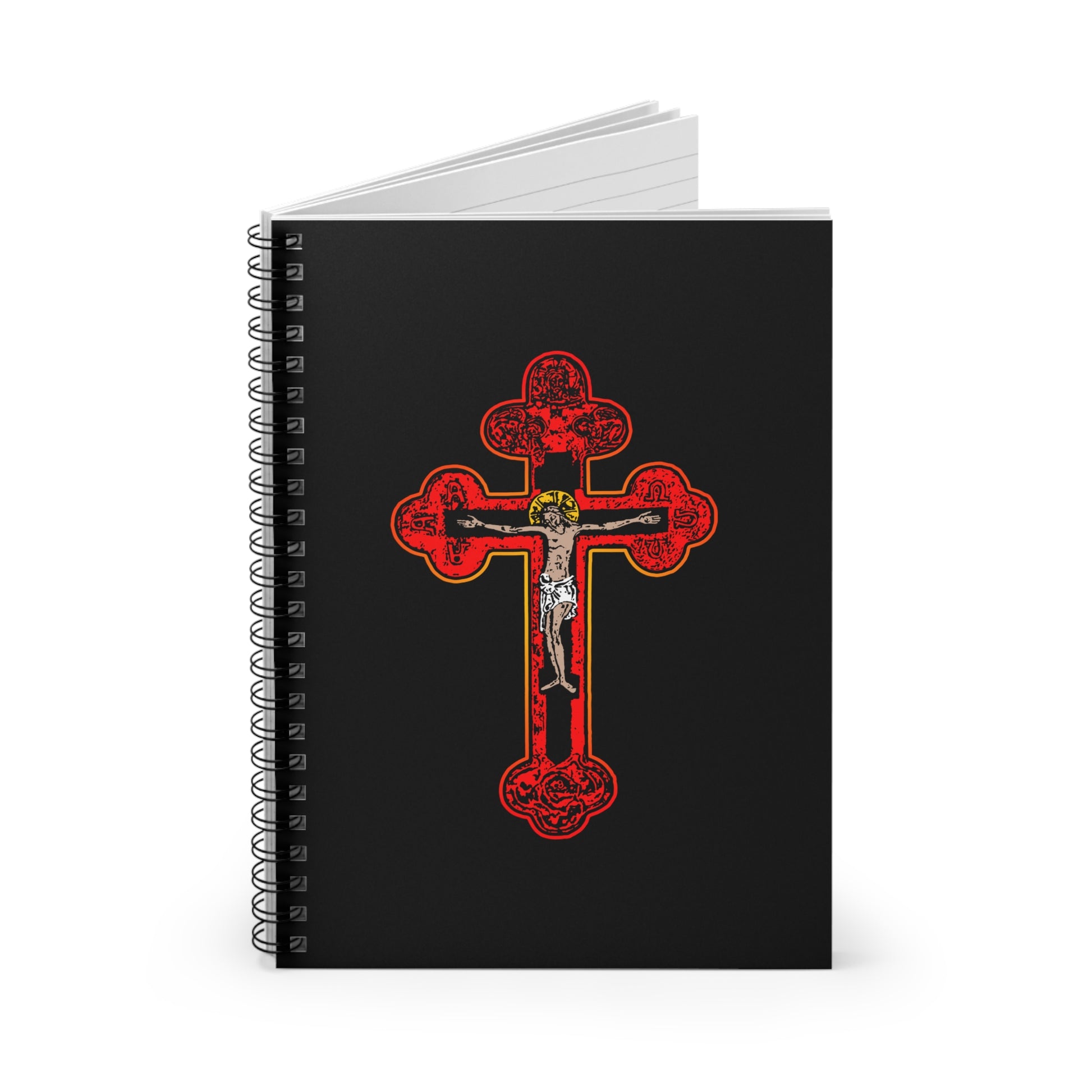 Black spiral notebook featuring a red Orthodox Christian crucifix in Byzantine Golgotha Cross style with Alpha & Omega, inspired by "I Am Crucified With Christ.
