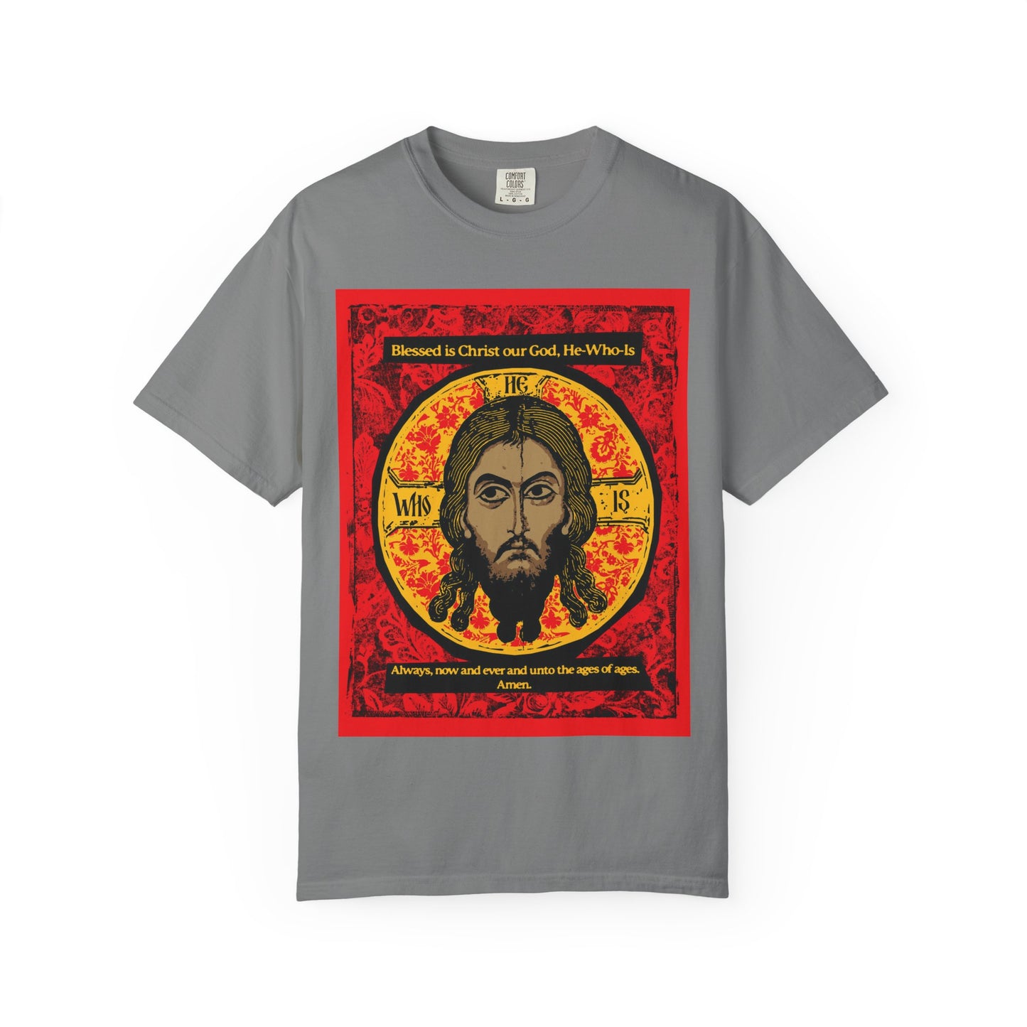 Grey heavyweight cotton unisex T-shirt featuring the "Made Without Hands" (Mandylion/Image of Edessa) graphic of Jesus Christ, inspired by Orthodox iconography and hymn tradition, with English text above and below.