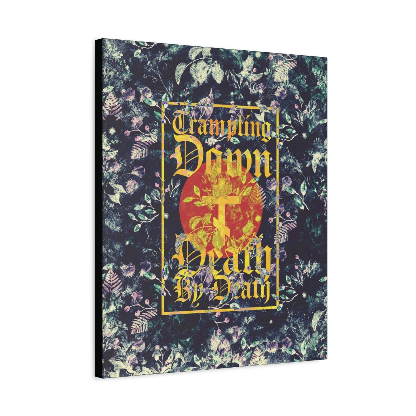Trampling Down Death By Death | Paschal Floral Design with Gothic Script and Three-Bar Cross | Orthodox Christian Canvas Art