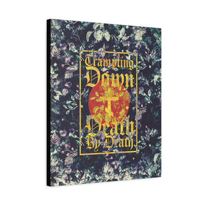 Trampling Down Death By Death | Paschal Floral Design with Gothic Script and Three-Bar Cross | Orthodox Christian Canvas Art