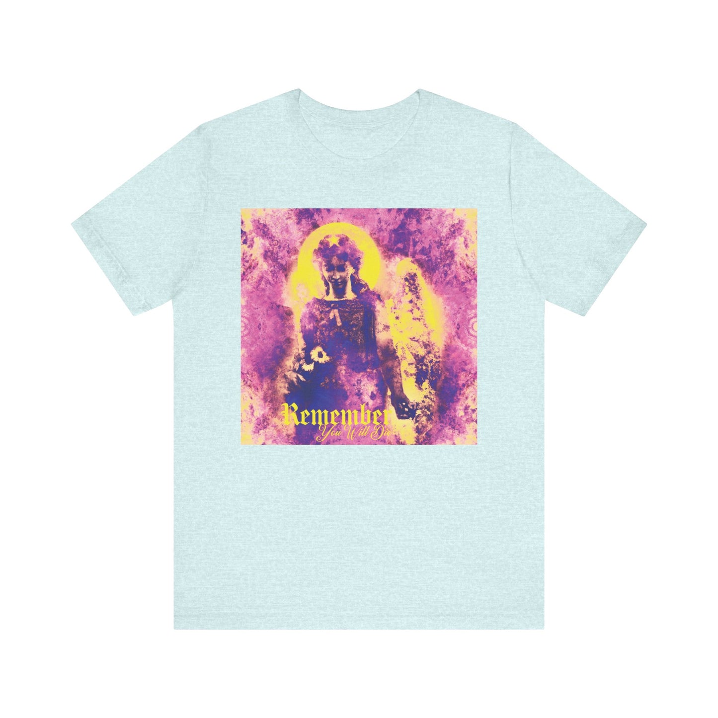Heather Prism Ice Blue Orthodox Christian lightweight cotton T-shirt featuring a psychedelic pastel goth cemetery angel graphic and the uplifting message "Remember You Will Die." Perfect for anyone seeking a meaningful reminder of prayer, support, and faith in their everyday wardrobe.