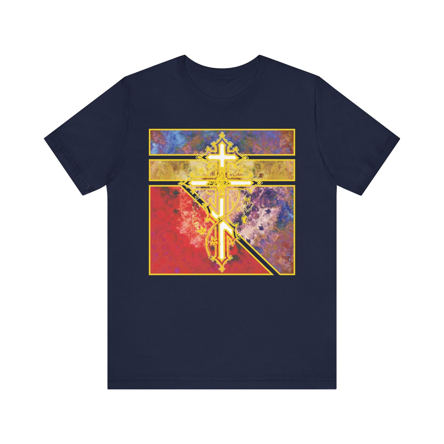 Navy unisex t-shirt featuring an ornate Orthodox Cross with vine over a textured geometric pattern. Christian lightweight cotton design.