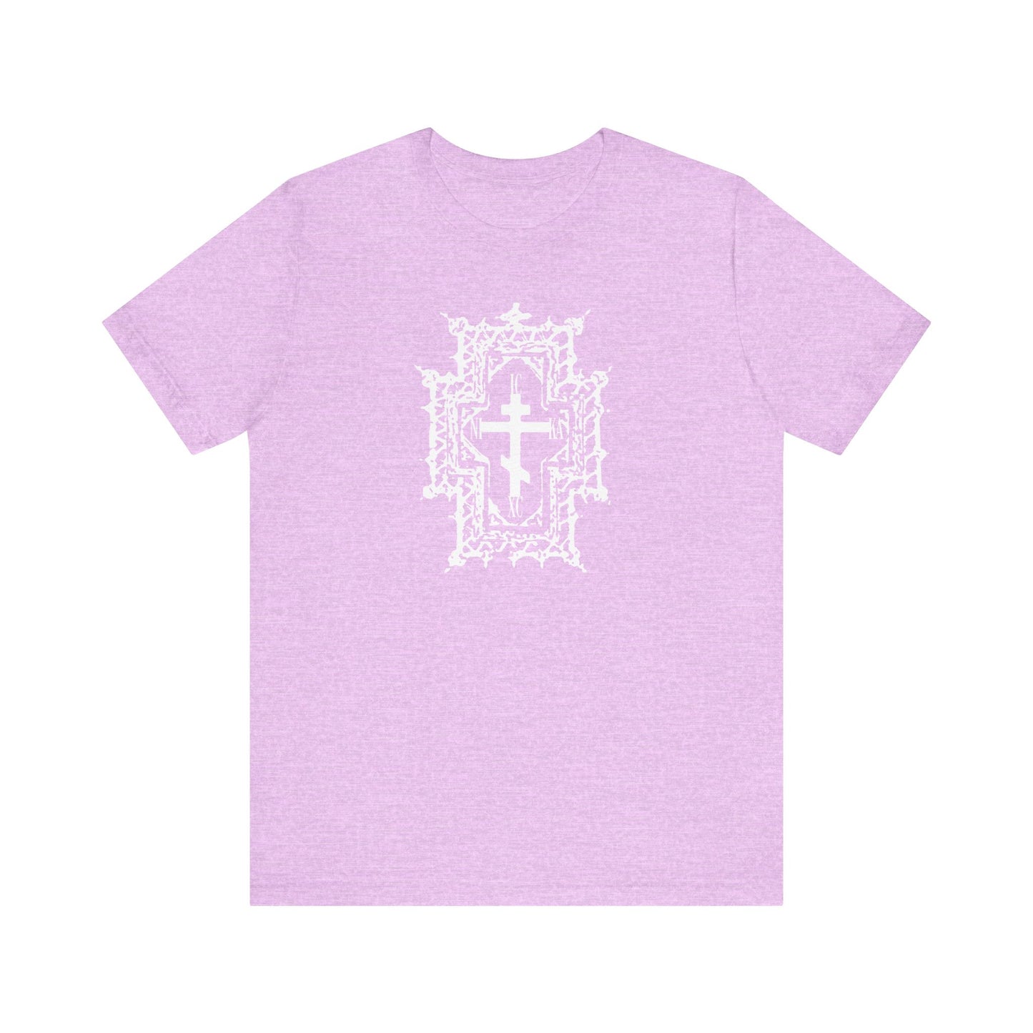 The ICXC NIKA Healed By His Wounds unisex tee in Heather Prism Lilac features a Gothic Cathedral style Orthodox cross symbolizing Christ’s sacrifice.