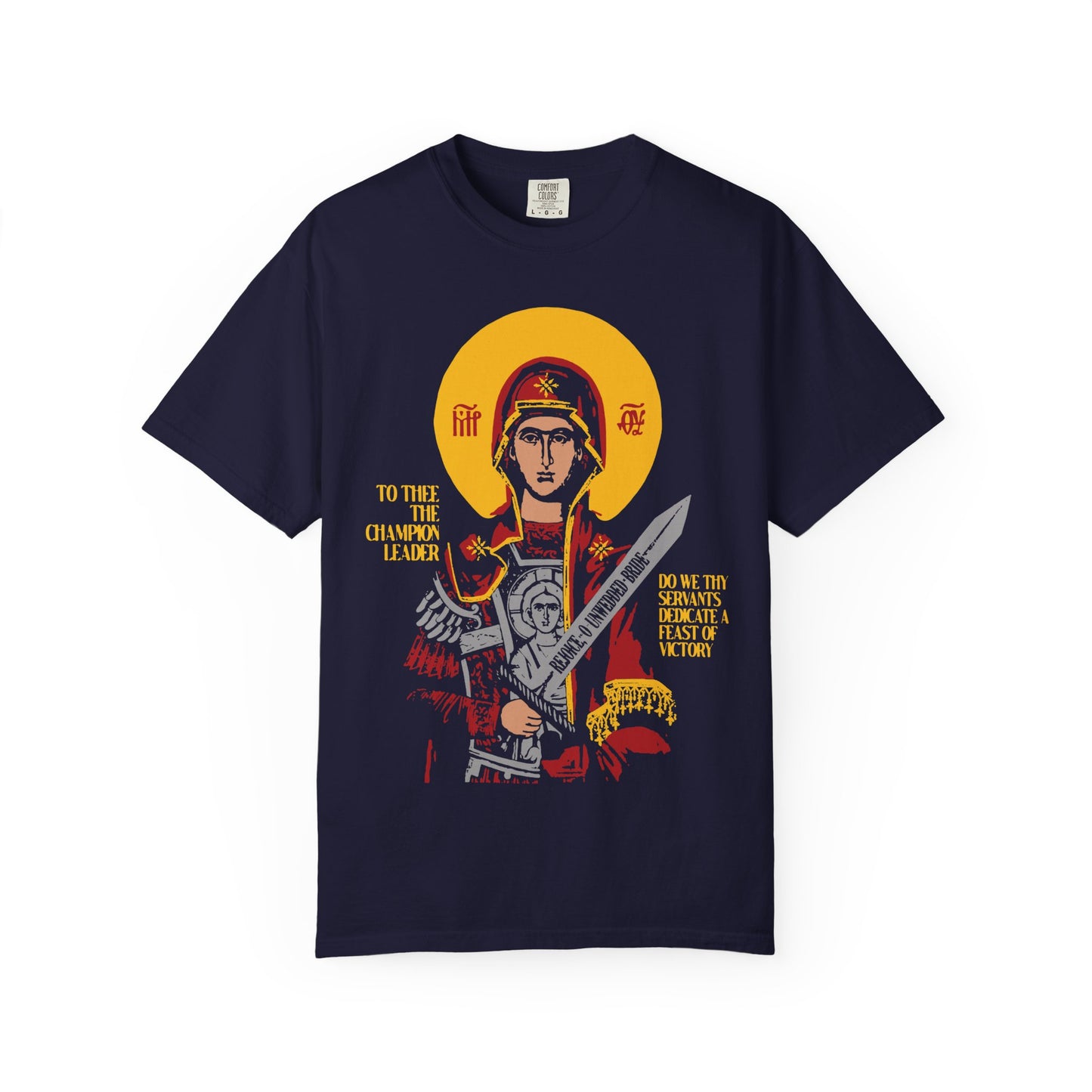 To Thee the Champion Leader | Mother of God | Theotokos with Sword IconoGraphic | Heavyweight Cotton Unisex Orthodox T-Shirt