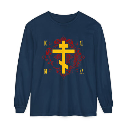 True Navy long sleeve shirt featuring a yellow Russian ICXC NIKA Cross on an ornate red background, symbolizing Jesus Christ Conquers; an Orthodox Christian design inspired by faith and tradition.