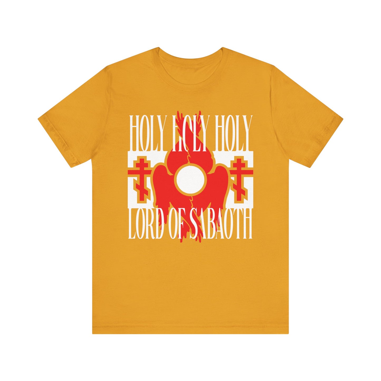 Mustard unisex tee with red seraphim wings, two Orthodox crosses, and "HOLY HOLY HOLY LORD OF SABAOTH" text. Celebrate Celestial Beings in this Christian lightweight cotton shirt inspired by the Divine Liturgy (Isaiah 6:3).