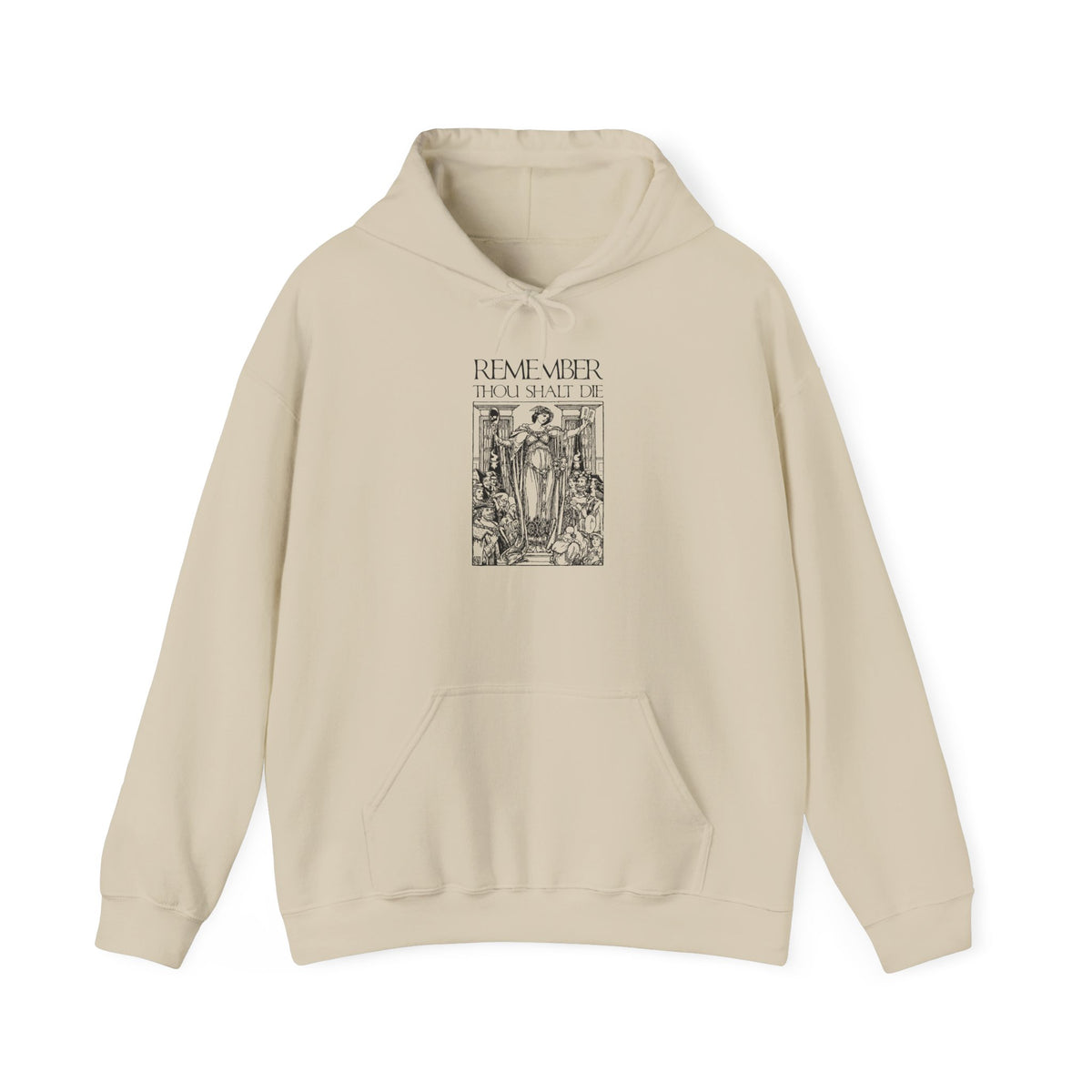 Beige hoodie featuring a classic woodcut illustration and the phrase “REMEMBER THOU SHALT DIE” on the front, inspired by Orthodox Christian tradition and solemn memento mori themes—part of the Remember You Will Die Shakespearean Design collection.