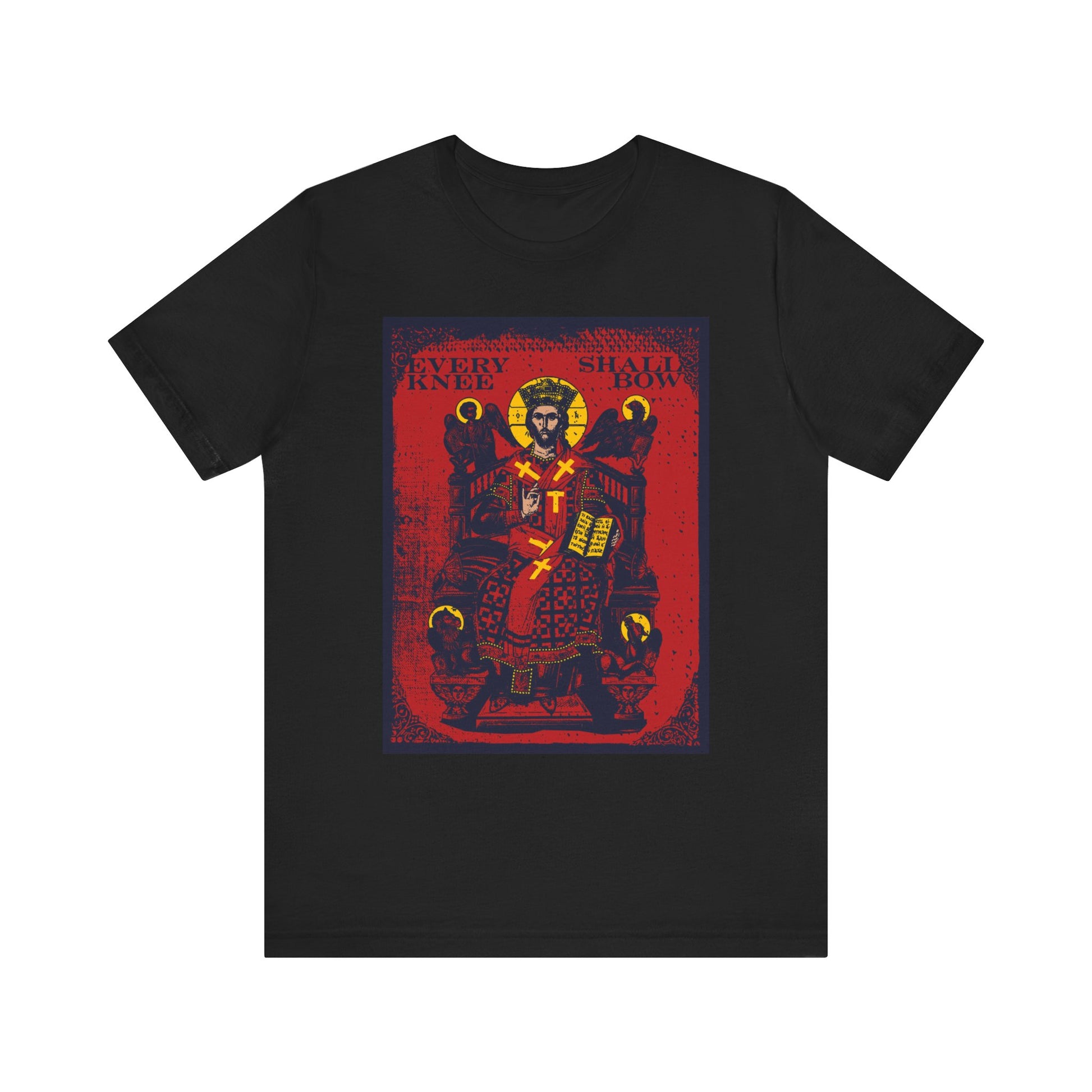 Black lightweight cotton unisex t-shirt featuring the Christ Enthroned IconoGraphic with Ezekiel's Chariot and the text "Every Knee Shall Bow" (Phil 2:8-11, Isaiah 45:23).