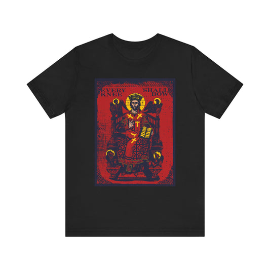 Black lightweight cotton unisex t-shirt featuring the Christ Enthroned IconoGraphic with Ezekiel's Chariot and the text "Every Knee Shall Bow" (Phil 2:8-11, Isaiah 45:23).