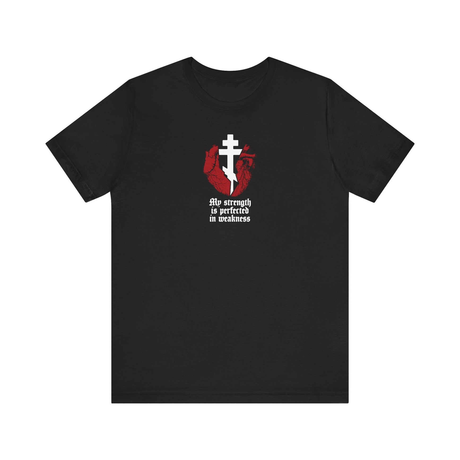 Black Orthodox lightweight cotton unisex tee featuring a broken heart with cross and gothic text: "My Strength is Perfected in Weakness" (2 Corinthians 12:9).