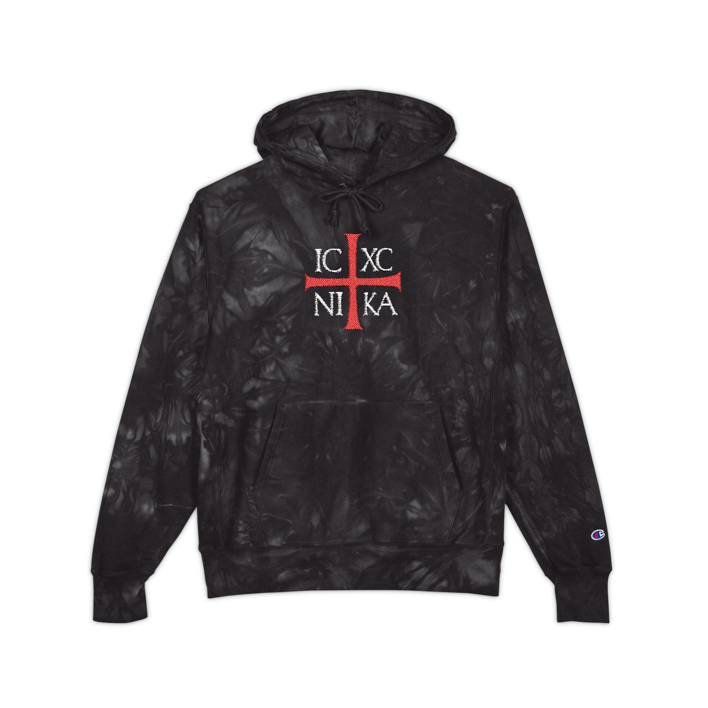 Black tie-dye heavy hoodie featuring an embroidered red cross and white "ICXC NIKA" text, inspired by Orthodox Christianity—Jesus Christ Conquers. Premium streetwear expressing the enduring love of God through Christ.